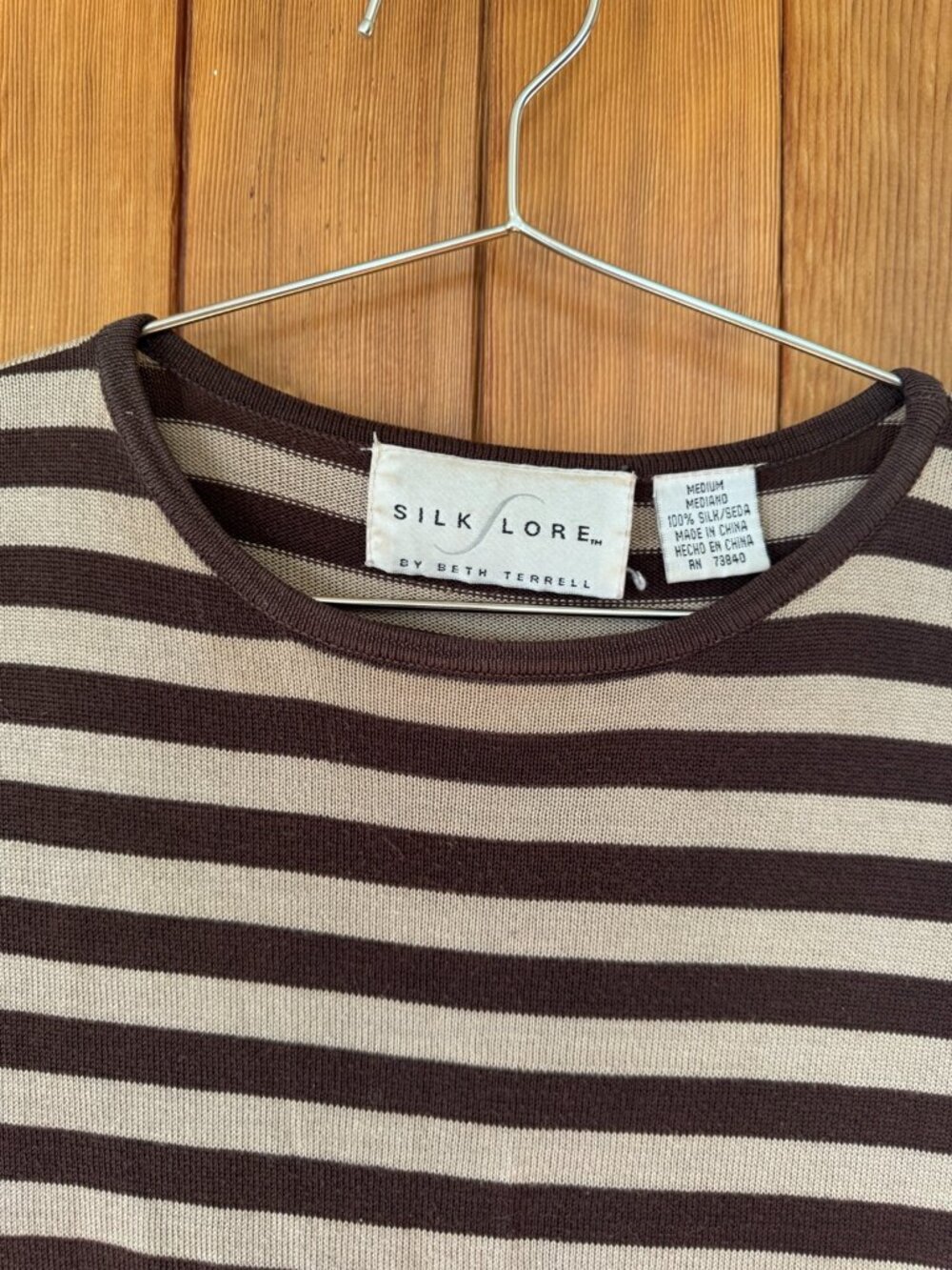 Vintage 100% Silk Striped Tee Brown Cream M